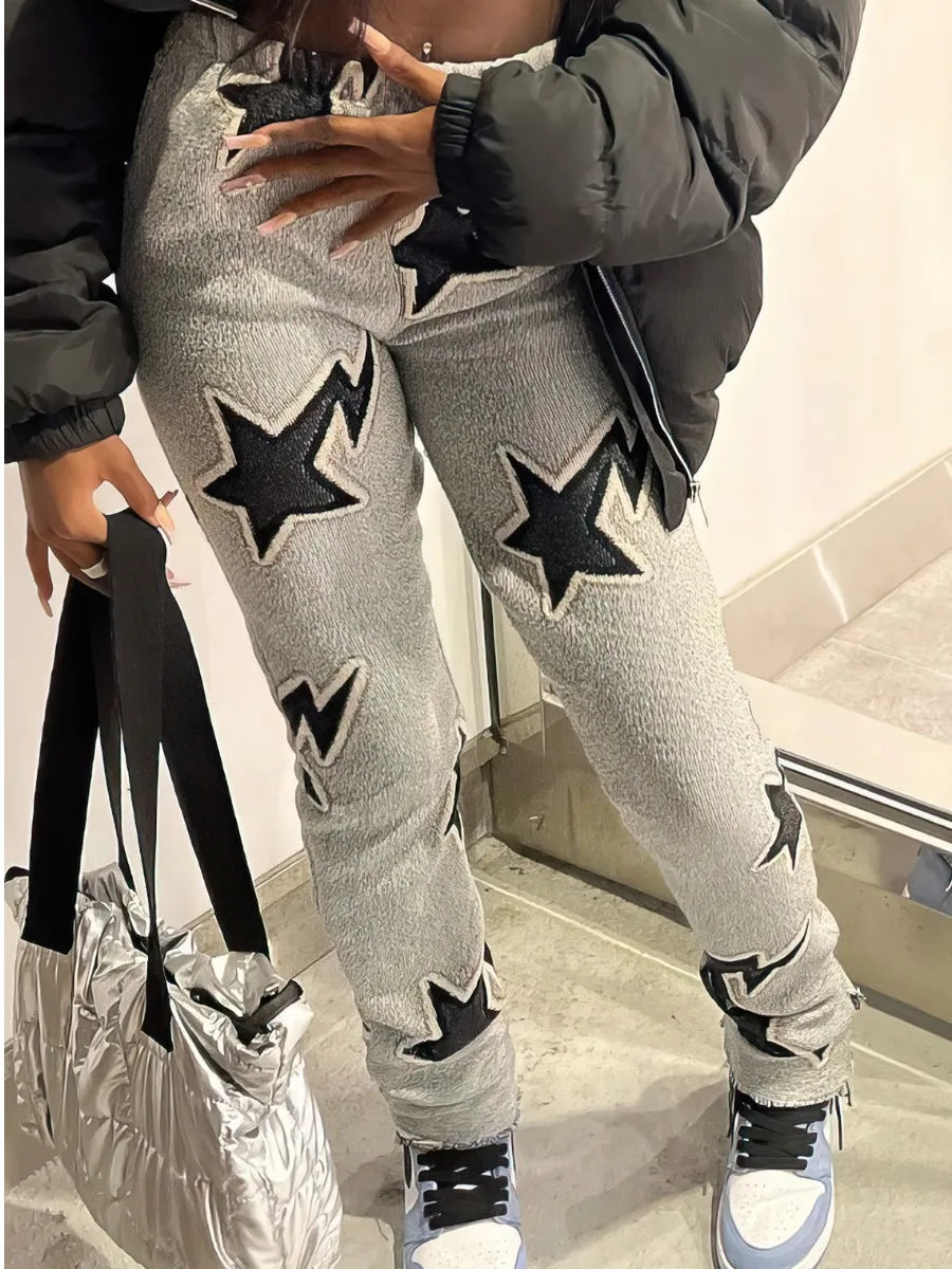 LW Street Star Stacked Multicolor Pants Fall Mid Waist Star Decor Pants  Elastic Waist Trousers Women's Streetwear Women Lounge