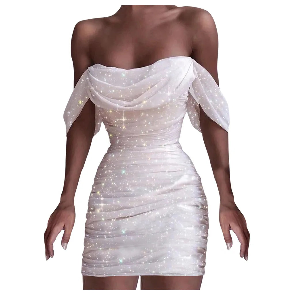 Fall Dresses Sexy Off-Shoulder Ruched Glitter Sparkly Sequin Straight Bodycon Slim White Dress Vintage Women Contemporary