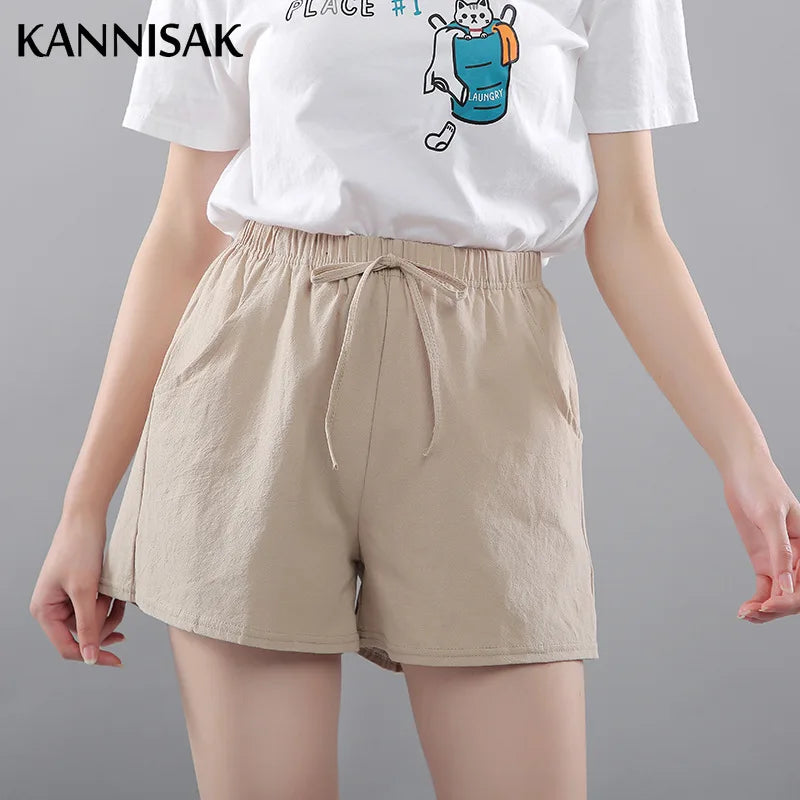 Summer Korean Wide Leg Casual Solid Drawstring Elastic Waist Shorts Girls Cotton Women's Mini Biker women short