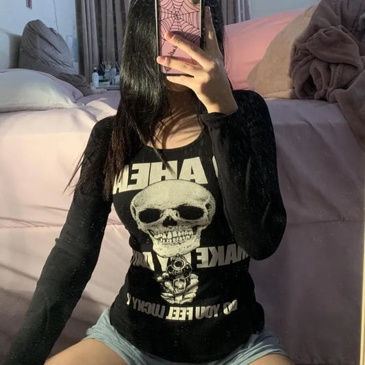 E-girl Gothic Skull Print T-shirt 90s Vintage Dark Academia Tees Y2K Harajuku Grunge Retro Crop Top Women Emo Alt Streetwear Women Tops & Tees - Women Casual