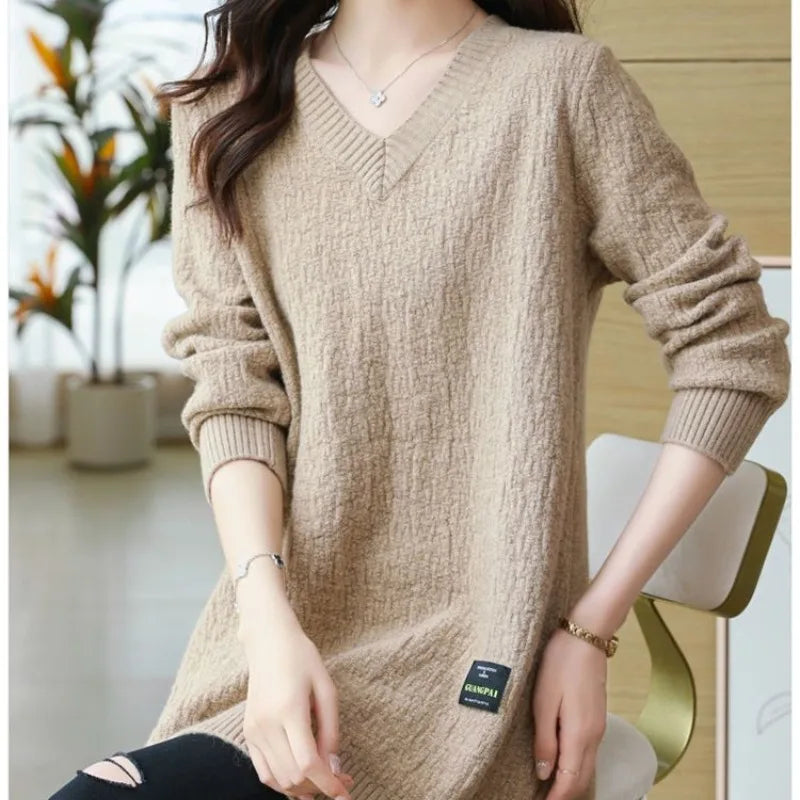 Women's Pullover Solid V-Neck Mid Length Sweater Loose Plus Size Autumn and Winter Female Clothing Fashion Long Sleeve Knit Women Tops - Women Dress For Work