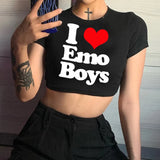 I Love Emo Boy Print aesthetic goth crop top girl gothic  yk2 t-shirts women tops