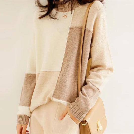 Women's Clothing Autumn Winter Casual Streetwear Color Block Knitted Sweater Korean Half High Collar Long Sleeve Pullover women cloth