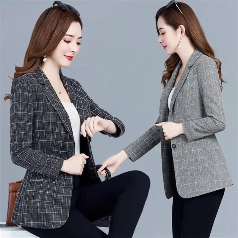 Spring Autumn Blazers Coats Women Suit Short Jacket Casual Tops Female Outerwear Slim Lattice Blazers Windbreaker Women Suiting & Blazers