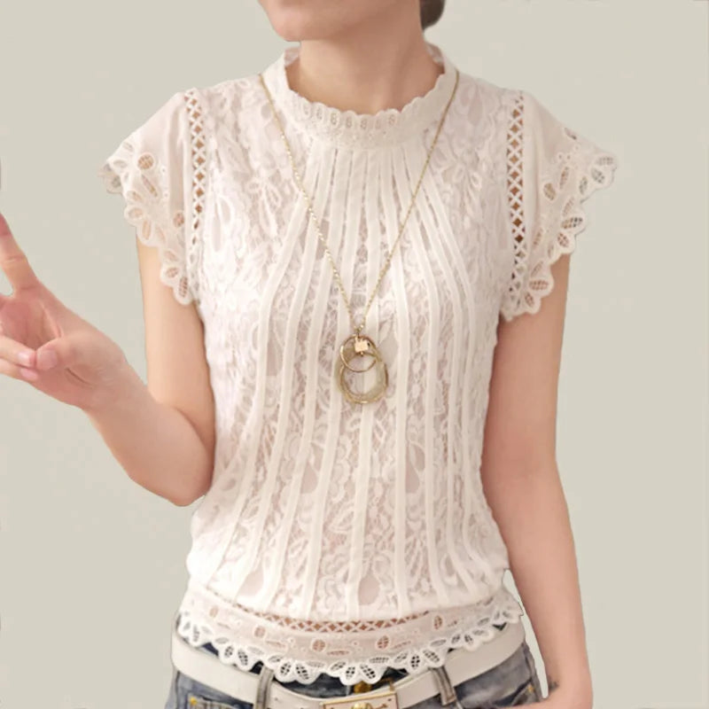 Ladies White Lace Blouse Short Sleeve Stand Collar Women's Top Elegant Patchwork Crochet Women's Shirt Plus Size Blusas Mujer 01C Women Tops - Women Short