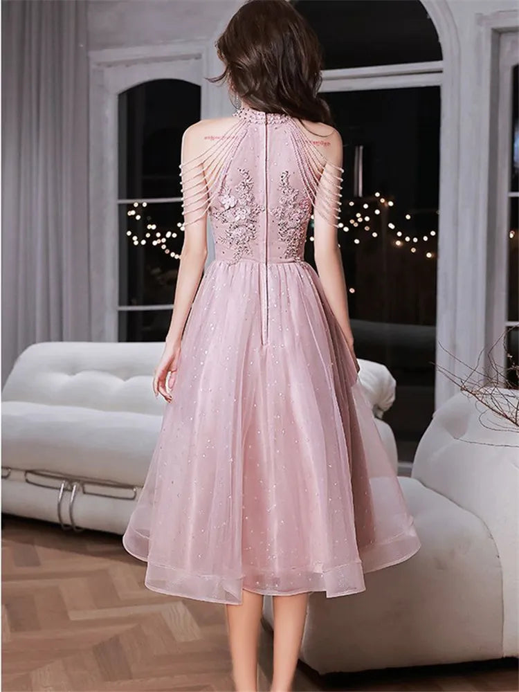 Pink Dress Women's Summer New Hanging Neck Solid Color Lace Beaded Mid-length A-line Skirt Elegant Female Clothing Women Work Dress