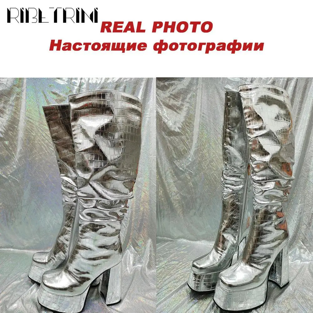 High Heeled Boots Metallic Gold Mid Calf High Heels Double Platform Sexy Rome Luxury Designer Party Nightclub Boots Women Shoes