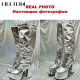 High Heeled Boots Metallic Gold Mid Calf High Heels Double Platform Sexy Rome Luxury Designer Party Nightclub Boots Women Shoes