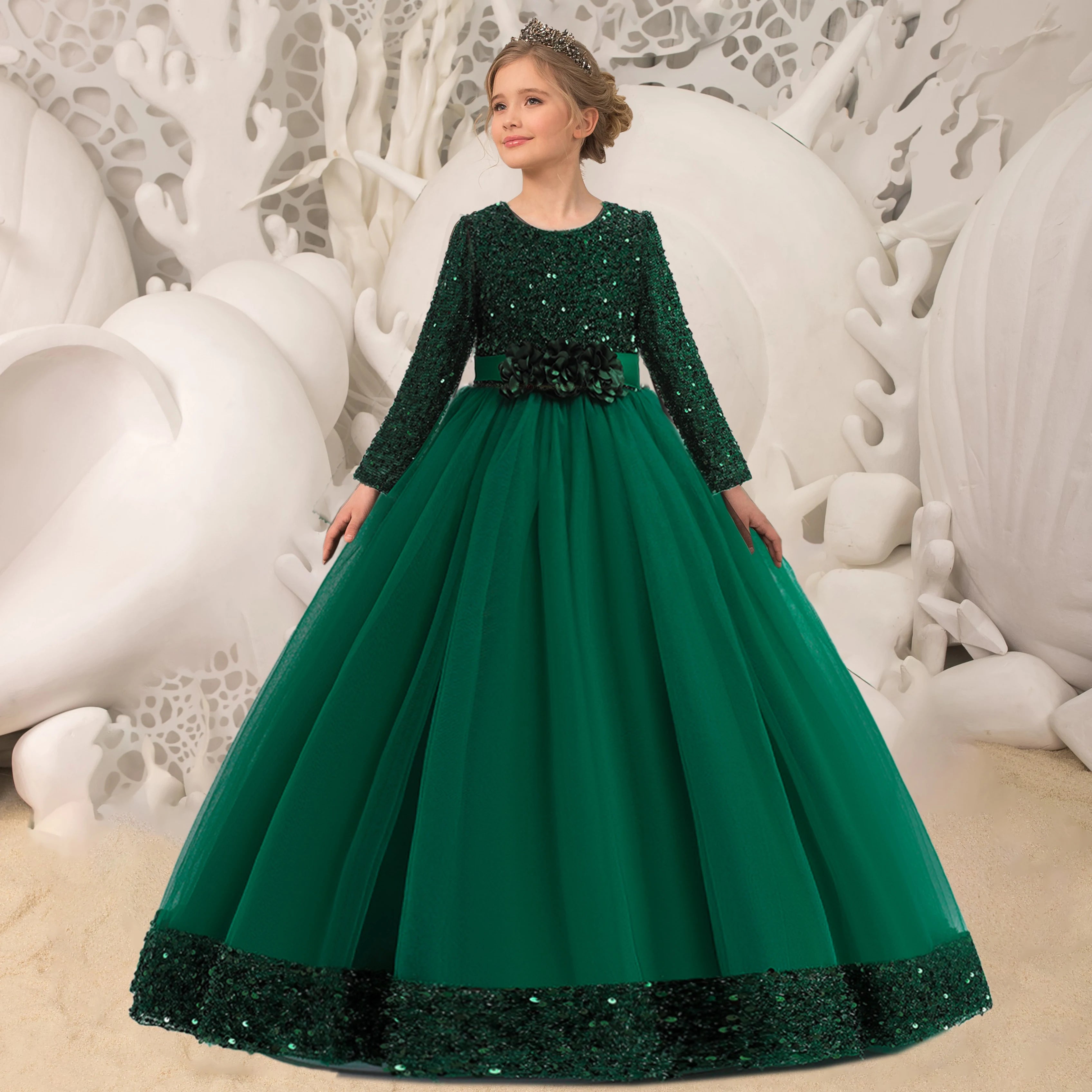 Sequin Christmas Kids Party Dresses For Girls Bride maid Costume Flower Long Sleeve Princess Dress Wedding Evening Gown women prom - women contemporary
