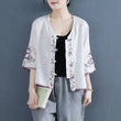 Retro Embroidered Knot Button Cotton Shirt Womens 2023 Summer New Chinese Zen Tea Gown Loose Short V-neck Top