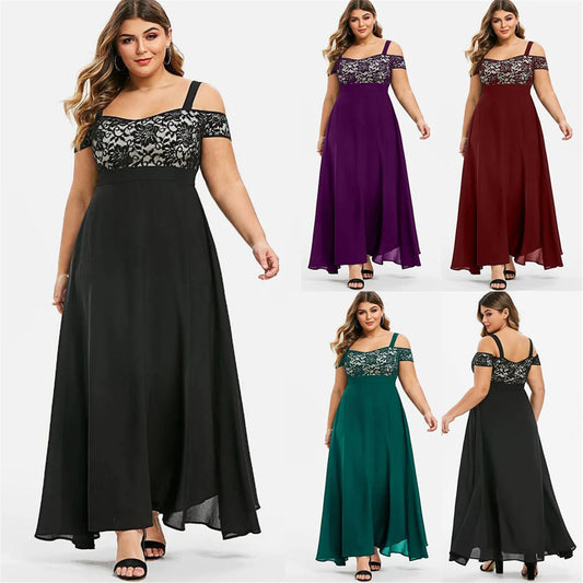 Dresses Cold Shoulder Floral Lace Maxi Party Evening Camis Summer Long Dress L-5XL Robe Vestidos Mujer Women Casual - Women Plus Size Clothing