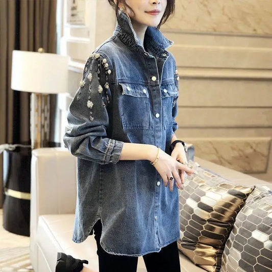 Casual Denim Polo-Neck Shirt Fashion Pearl Beading Spring Autumn Pockets Spliced Female Clothing Single-breasted Loose Blouse Women Casual