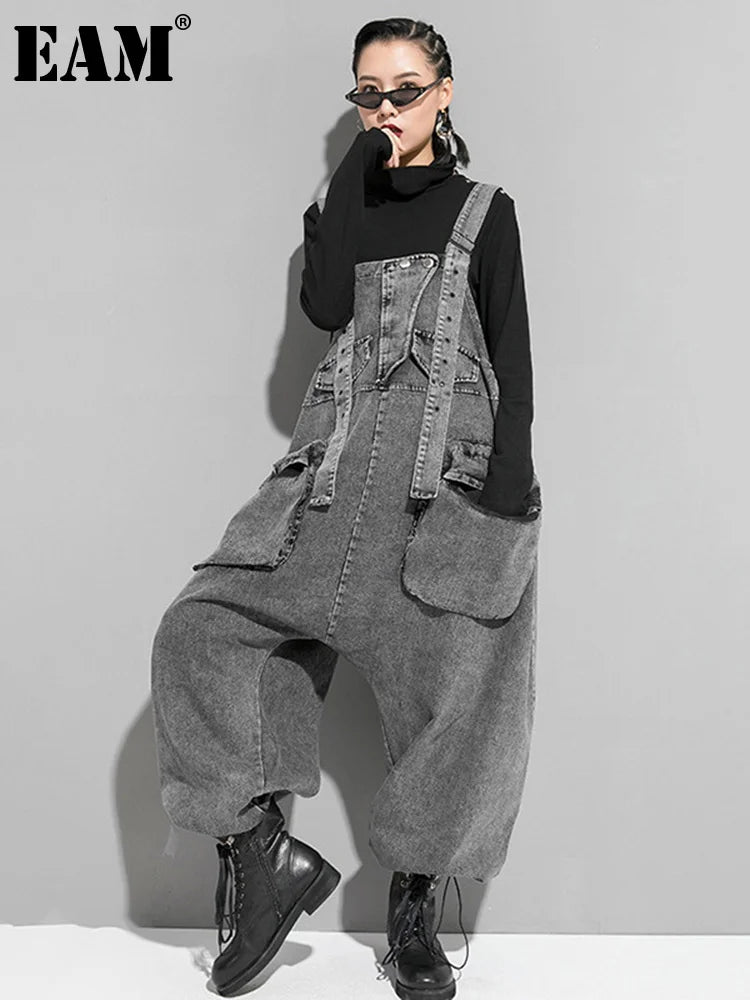 [EAM] High Waist Black Pocket c Denim Overalls Trousers New Loose Fit Pants Fashion Tide Spring Autum 1K164  Women Jeans - Girls Jeans