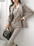 New Fashion Office Lady 3 Piece Blazer Suit Women Business Formal Outfits Vintage Notched Lapel Jackets Button Vest Pants Set Women Suiting & Blazers