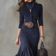 Vintage Western Style Dress Button Temperament High Neck Suede Slim Fit Irregular Hem Long Skirt with Belt