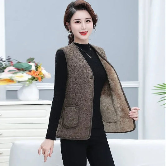 New Autumn Winter Button Lamb's Fleece Sleeveless 5XL Large Size Button Trendy Outwear Women Coats