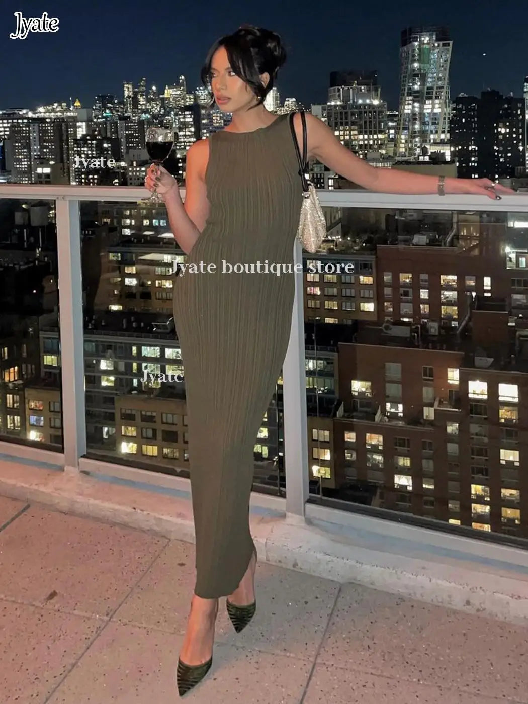 Sleeveless Pleat Knit Dress Round Neck A-line Pit Strip Slim Long Dress Sundress Solid Color Women Summer Dresses Women Casual - Women Prom