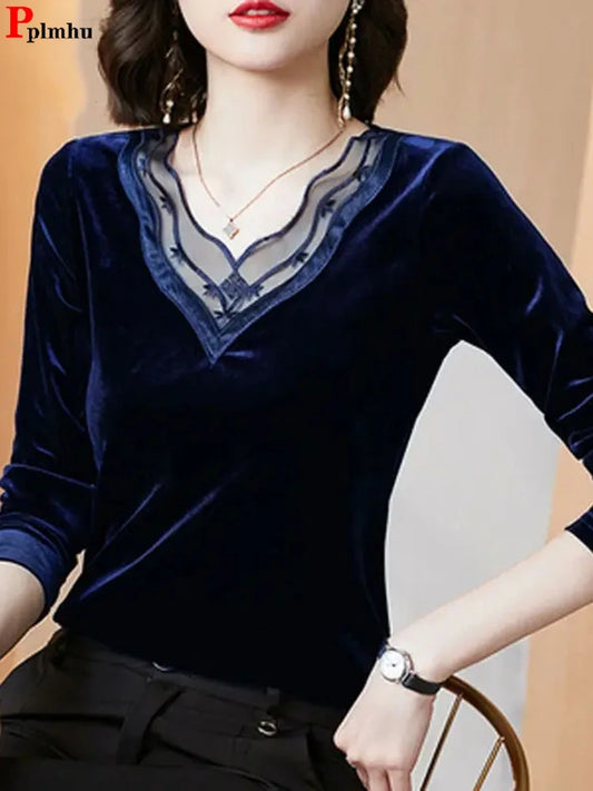 Velvet Spring Tee V-neck Woman Lace Plus Size 85kg Shirt New Blue Long Sleeve Tops Slim Fashion Blouse Patchwork Mom Pullover Women Tops - Women Casual