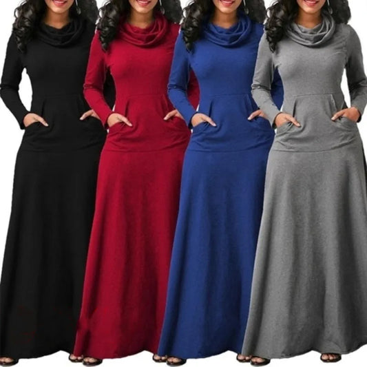 5XL Elegant Long Maxi Dress Autumn Winter Warm High Collar Woman Long-sleeved Dress With Pocket Women Casual - Women Plus Size Clothing