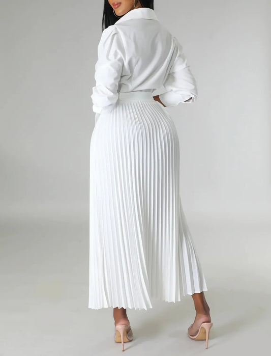 Summer Pleated Maxi Dress Solid Turn Down Collar Half Sleeve Ruched Party Club Work Business Wedding Dress Women Casual - Women Dress For Work - Women Prom