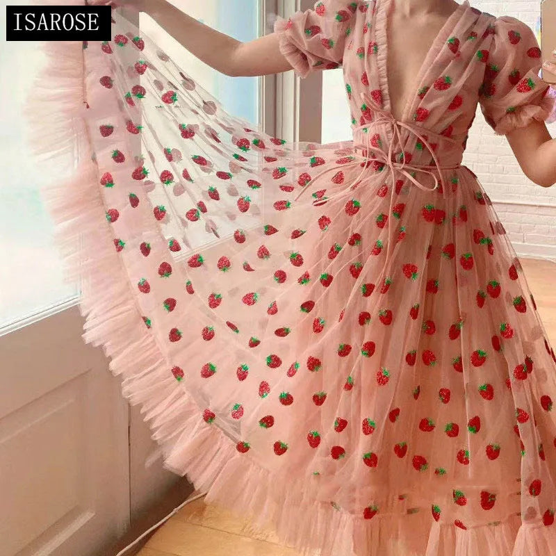 ISAROSE 2023 Strawberry Dress Women Summer Deep V Puff Sleeve Sweet Voile Mesh Sequins Embroidery French Party Dresses 4XL 5XL