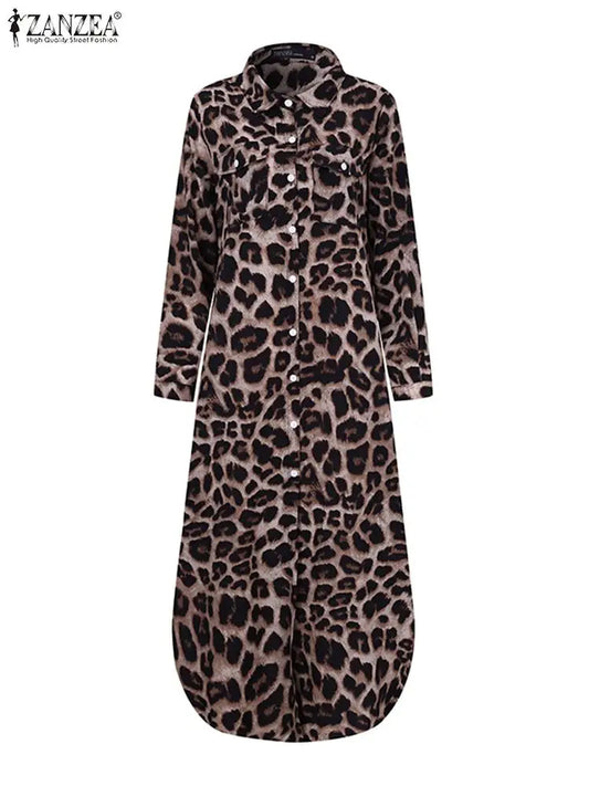 ZANZEA Party Vintage Leopard Robe Women 2025 Autumn Casual Long Sleeve Maxi Long Vestidos Dress Fashion Oversized Shirt Sundress