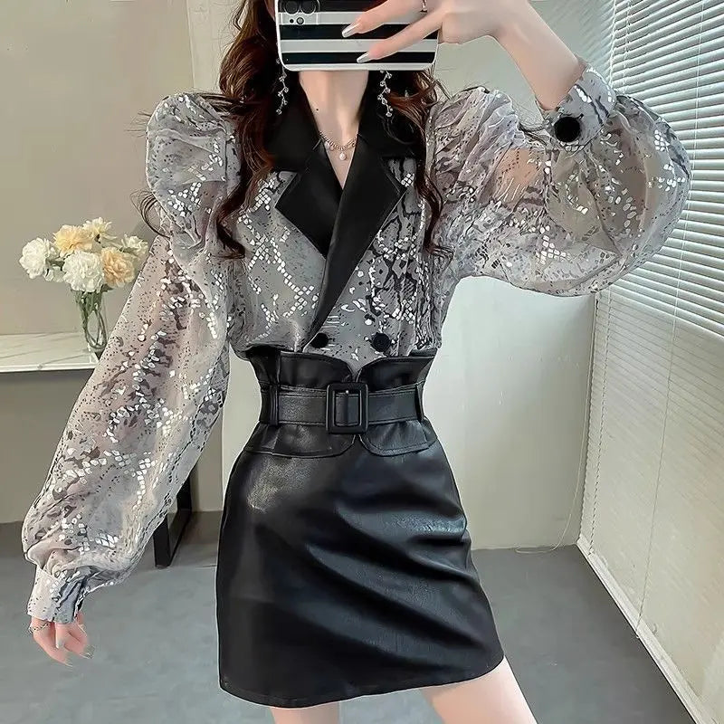 French Style Tailored Collar Shirt Spliced Spring Autumn Fashion Folds Sequined Women's Clothing Commute Double Breasted Blouse women casual