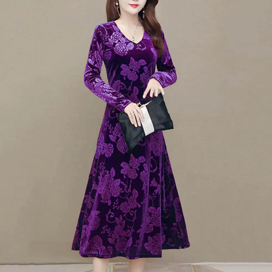 Office Work Dress Elegant Plus Size Floral Print Midi Dress for Mid-aged A-line V Neck Long Sleeve Mid-calf Length Premium Party Women Dress For Work - Women Prom