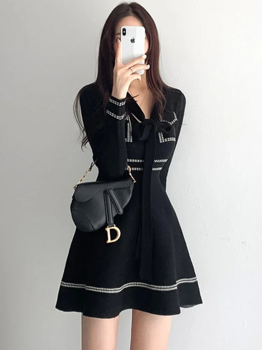 New Korean Version of Hepburn Style Contrast Color Series Age-reducing Lace-up Knitted Skirt A-line Small Long-sleeved Women Work Dress - Women Tops