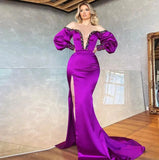 Purple Satin Crystal V Neck Off Shoulder Evening Party Gown For Woman Long Sleeves Dress Slit Vestido De Noche Women Plus Size Clothing - Women Prom