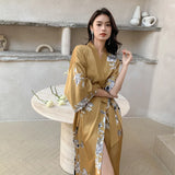 Female Long Robe Nightgown Sexy Print Flower Kimono Bathrobe Gown Casual Silk Satin Home Dress New Spring Summer women lounge