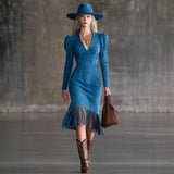 Western Retro Tassel Dresses for Women Sexy V-neck Puff Sleeve Slim Hips Dress Long Sleeve Mini Dress 2026 Ladies Dress