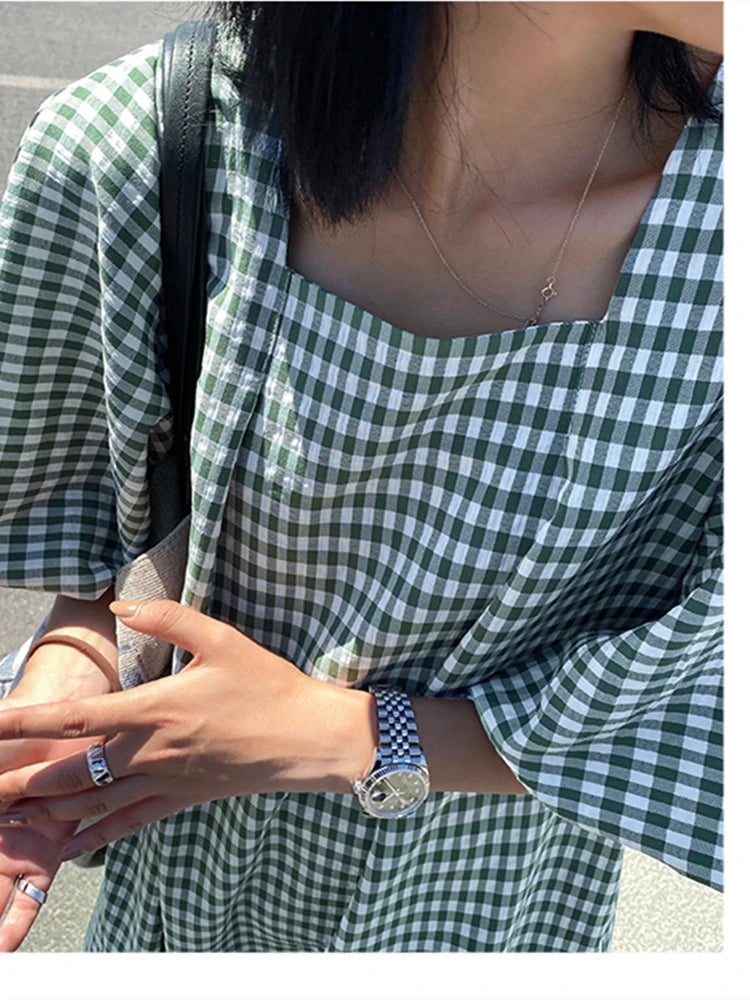 Fashion Square Neck Plaid Puff Sleeve Loose Dress Summer Woman Korean Ladies Chic New Dresses Elegant Women Casual - Women Plus Size Clothing