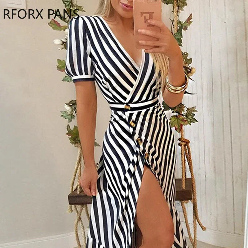 Striped Slit Irregular Ruffles Hem Dress Women Casual - Women Tees - Women Prom