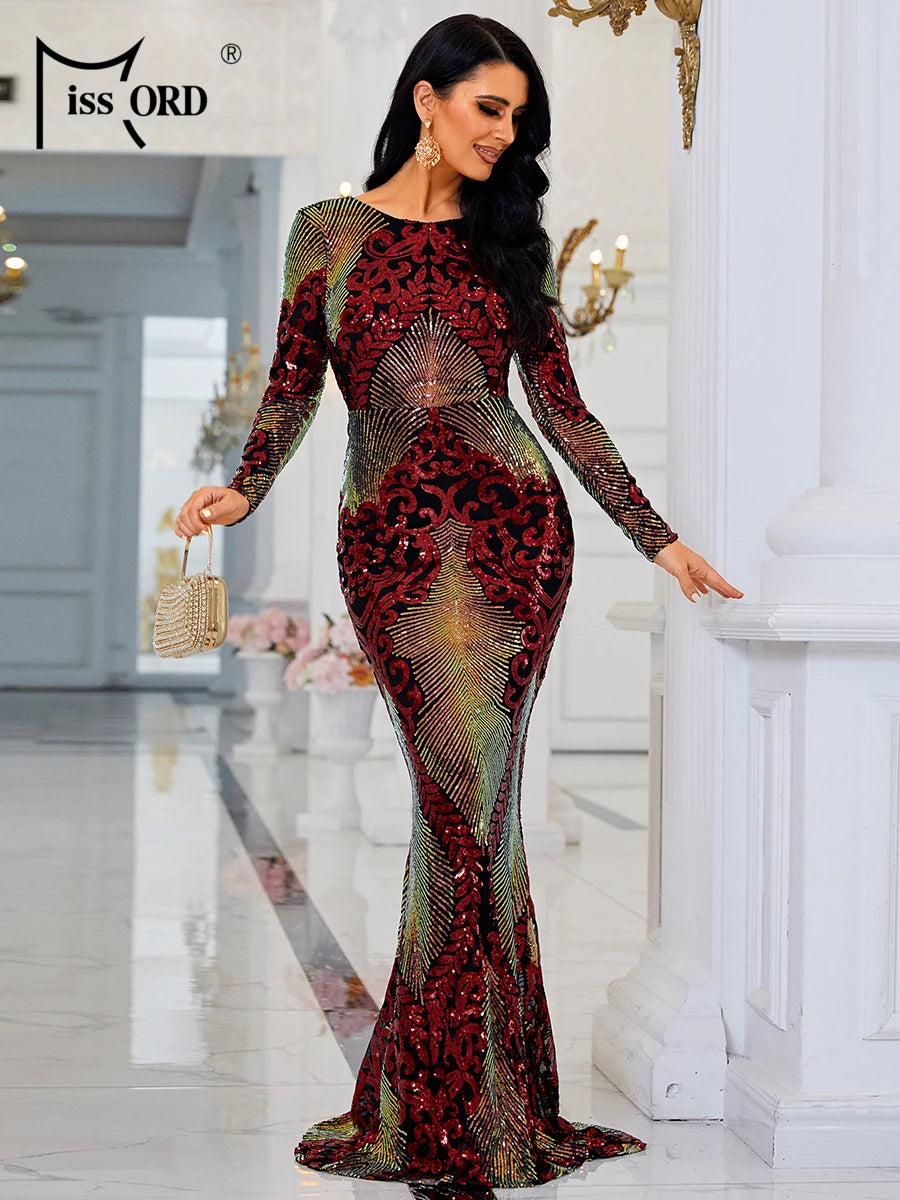 Missord Elegant Red Evening Dresses Woman O Neck Long Sleeves Sequin Backless Bodycon Maxi Mermaid Party Dress Ladies Gown women prom - women contemporary