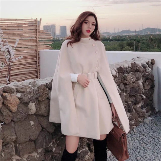 Autumn High-Quality Woolen Cloth Shawl Cape Poncho With Belt Woman Mid-length Korean Sleeveless Plus Size Ladies Cape Coats Women Tops - Women Dress For Work - Women Prom