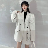 Women Fashion Double Breasted Loose Blazer Korean High Street Long Sleeve Suit Jacket Black Notched Collar Ladies Outerwear Women Coats