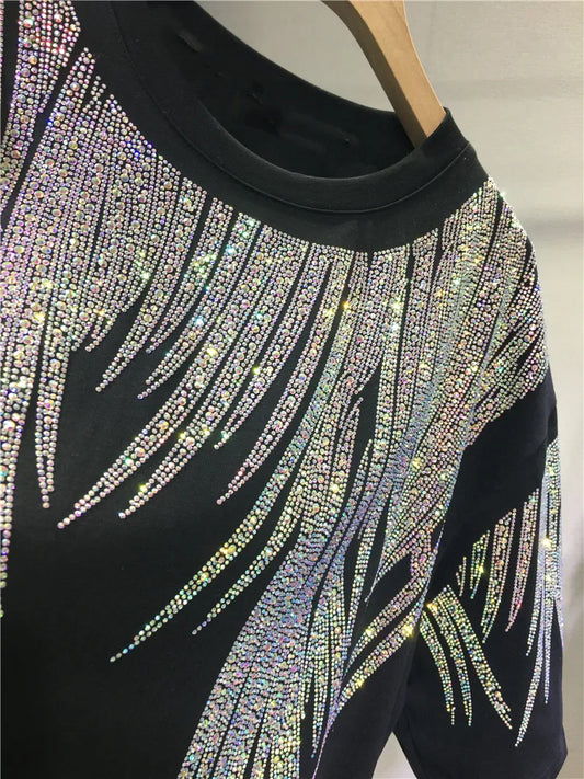 L-4XL Plus Size Tops Rhinestone Graphic T-shirts Luxury Large Size Tunic for Women Men Summer Cotton Women's Clothing Chubby Women Plus Size Clothing