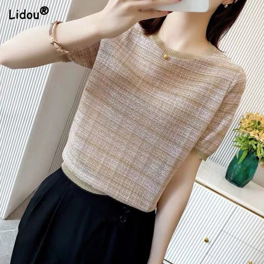 Spring Summer Thin Intellectual T-Shirts Pullovers Solid Color Short Sleeve Loose Fashion Office Lady Women Casual - Women Dress For Work - Women Tops