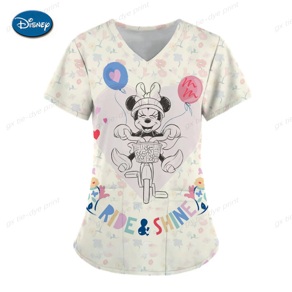 Disney Mickey Minnie Women's Nurse Uniform Scrub Top Cartoon Print Clinic Nursing Protective Nurse Uniform Shirt women short - women casual - women prom - girl short
