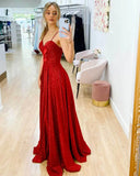 A-Line Spaghetti Straps floor-length Red Satin Dresses Sparkly Sexy Hollow Night Evening Vestidos Women Prom