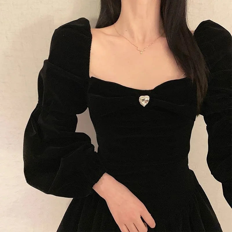 Dresses Woman Party Solid Retro Soft Square Collar Design Lady Autumn Cozy Mini French Style Tunic Elegant Chic Vestidos Women Casual