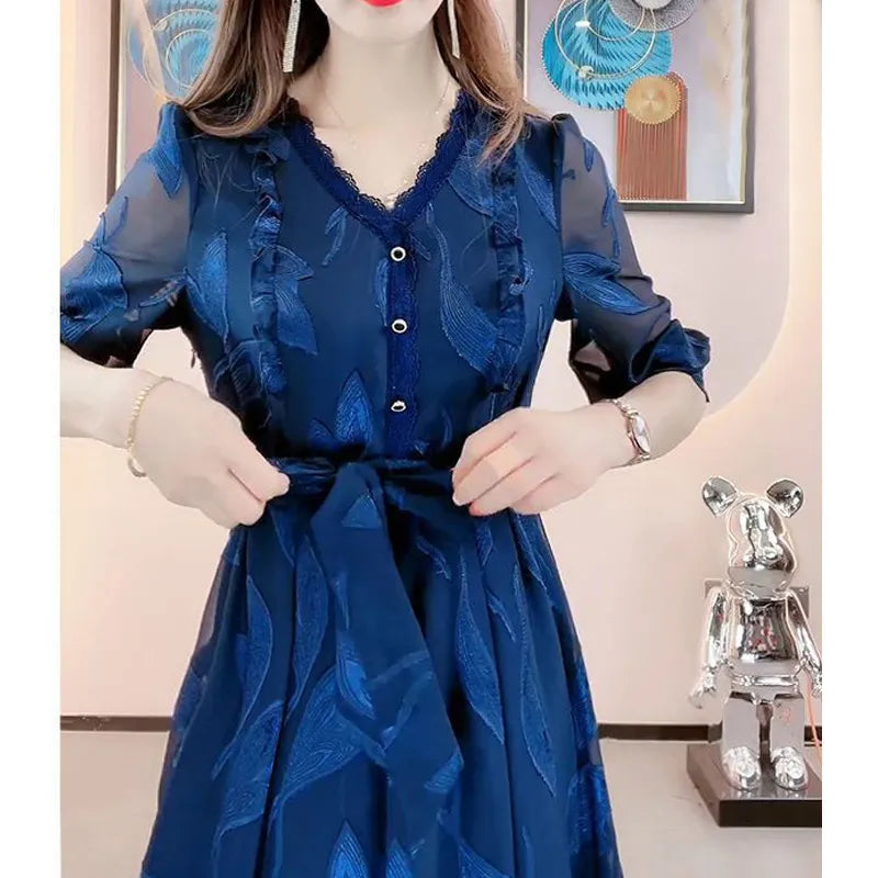 Elegant Fashion V Neck Lace Bandage Sexy Sheer Mesh Embroidery Party Dresses for Woman Chic Ruffle Blue Slim Midi Dress Vestidos Women Prom