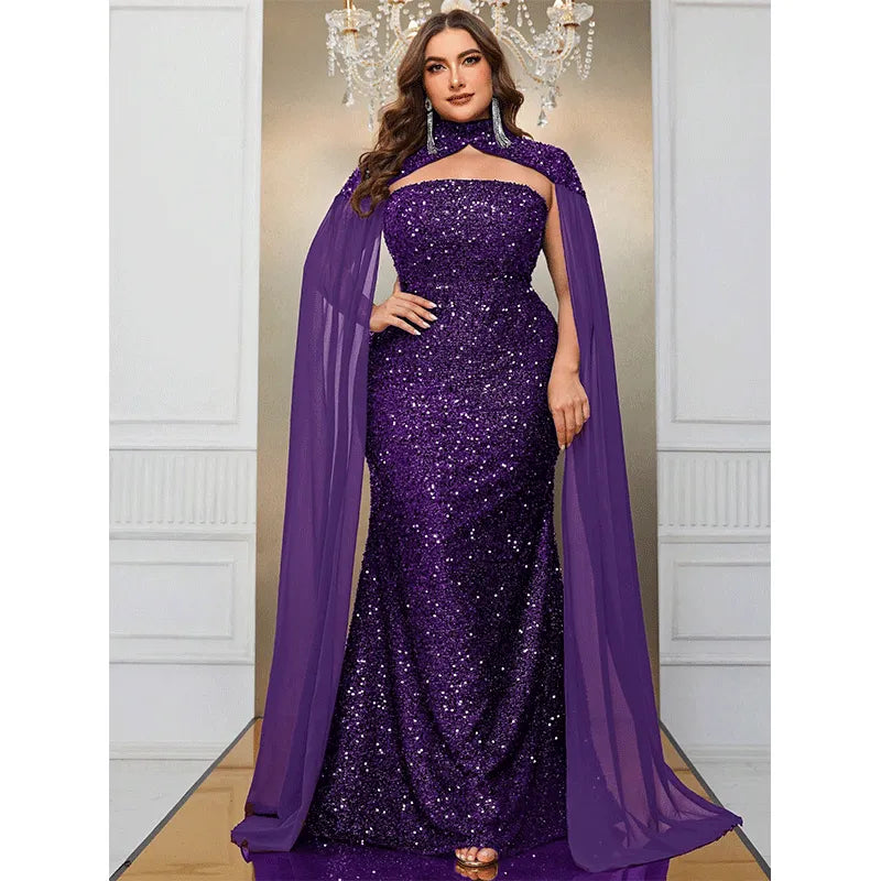 Luxurious Strapless Cape Wedding Shiny Long Evening Gown 5XL6XL Big Size Banquet Festive Sequin Dress for Women Plus Size Clothing - Women Prom