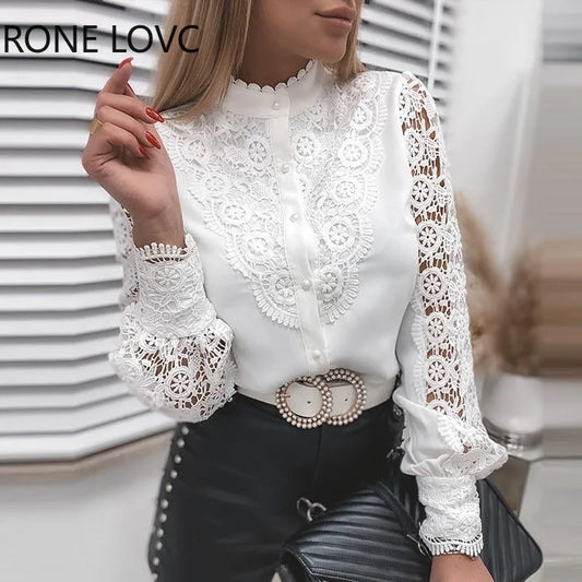 Women's Solid Color Fashion Top Sexy And Beautiful White Lace Hollow Blouse Long Sleeve Button Shirt For Women Dress For Work - Women Tops - Women Casual - Women Prom