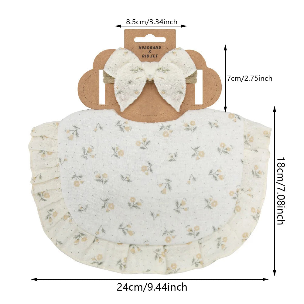 2Pcs/Set Ruffled Edge Muslin Cotton Bibs Hair Bows Headbands Flower Print Saliva Towel Feeding Burp Cloths Scarf Newborn - girl cloth - Baby Girls