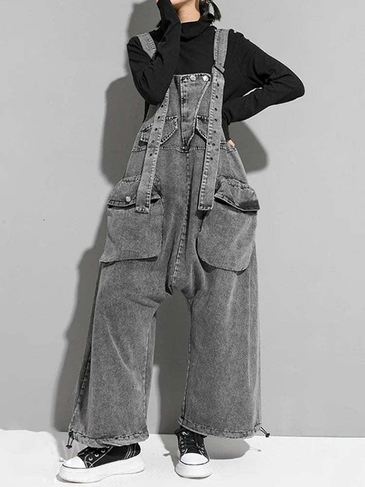 [EAM] High Waist Black Pocket c Denim Overalls Trousers New Loose Fit Pants Fashion Tide Spring Autum 1K164  Women Jeans - Girls Jeans