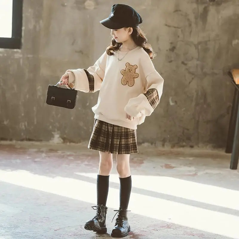 Autumn winter teenager bear hoodie t-shirt + plaid spring JK pleated skirt uniform  4 5 6 7 8 9 10 11 12-year Girl Skirt