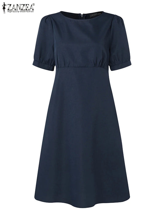 Elegant Women Short Sleeve Solid Work Sundress 2023 ZANZEA Fashion Office Party Knee-length Dress Casual Holiday Vestido Kaftan