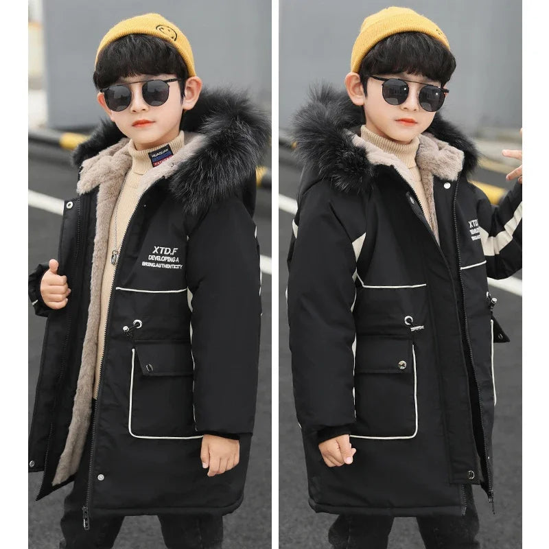 3 -14 Years Very Keep Warm Winter Teenager Mid-Length Plus Velvet Thick Fur collar hooded Cotton Coat For Kids Boy Jacket - Girl Jacket